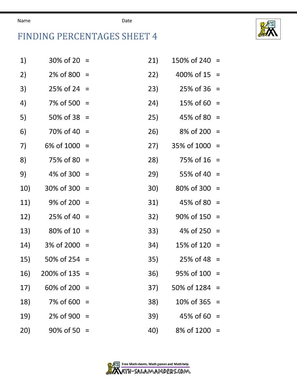 percentage problem solving worksheet