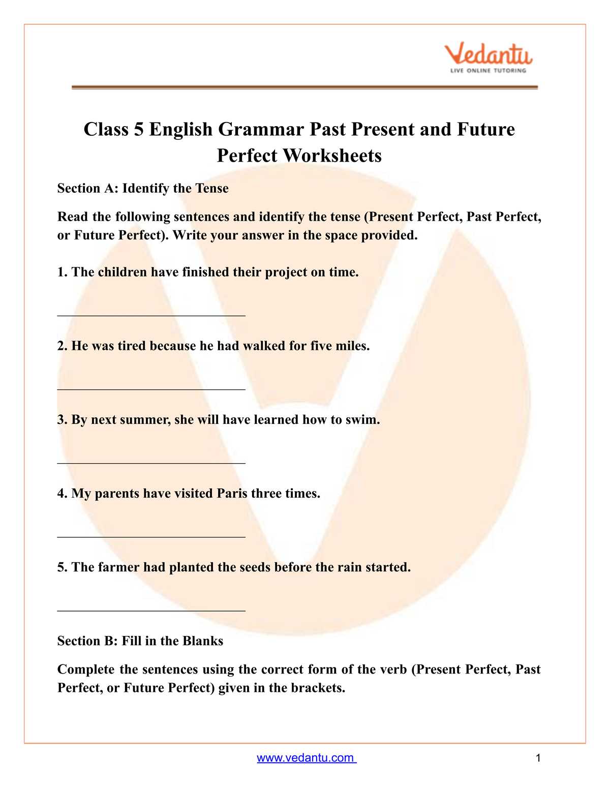 perfect tenses of verbs worksheets