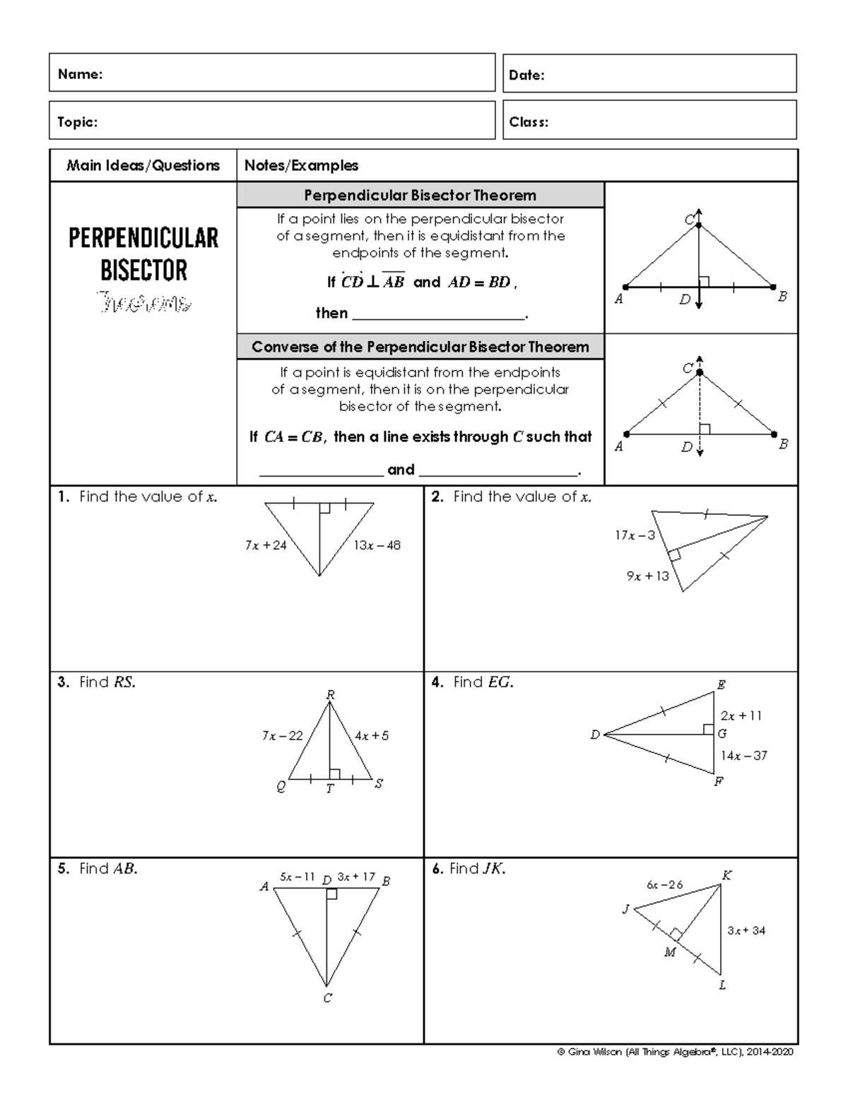 perpendicular bisector theorem worksheet