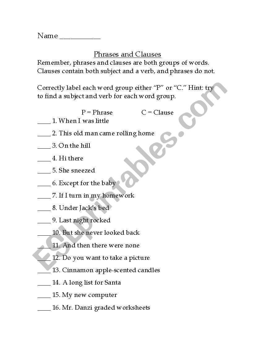 phrase clause worksheet