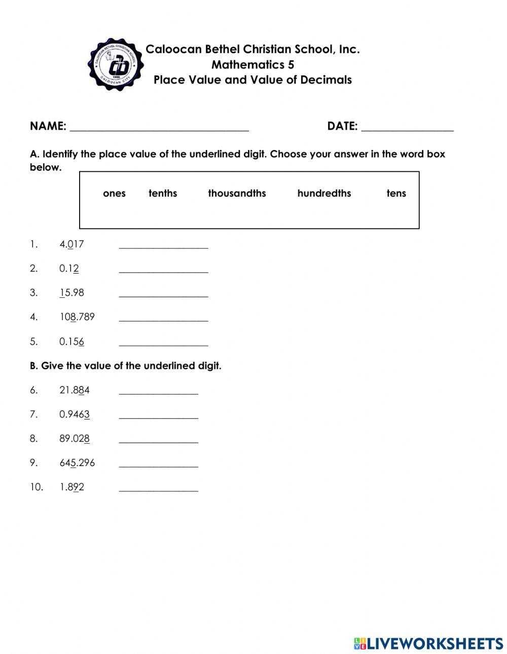 place value in decimals worksheet