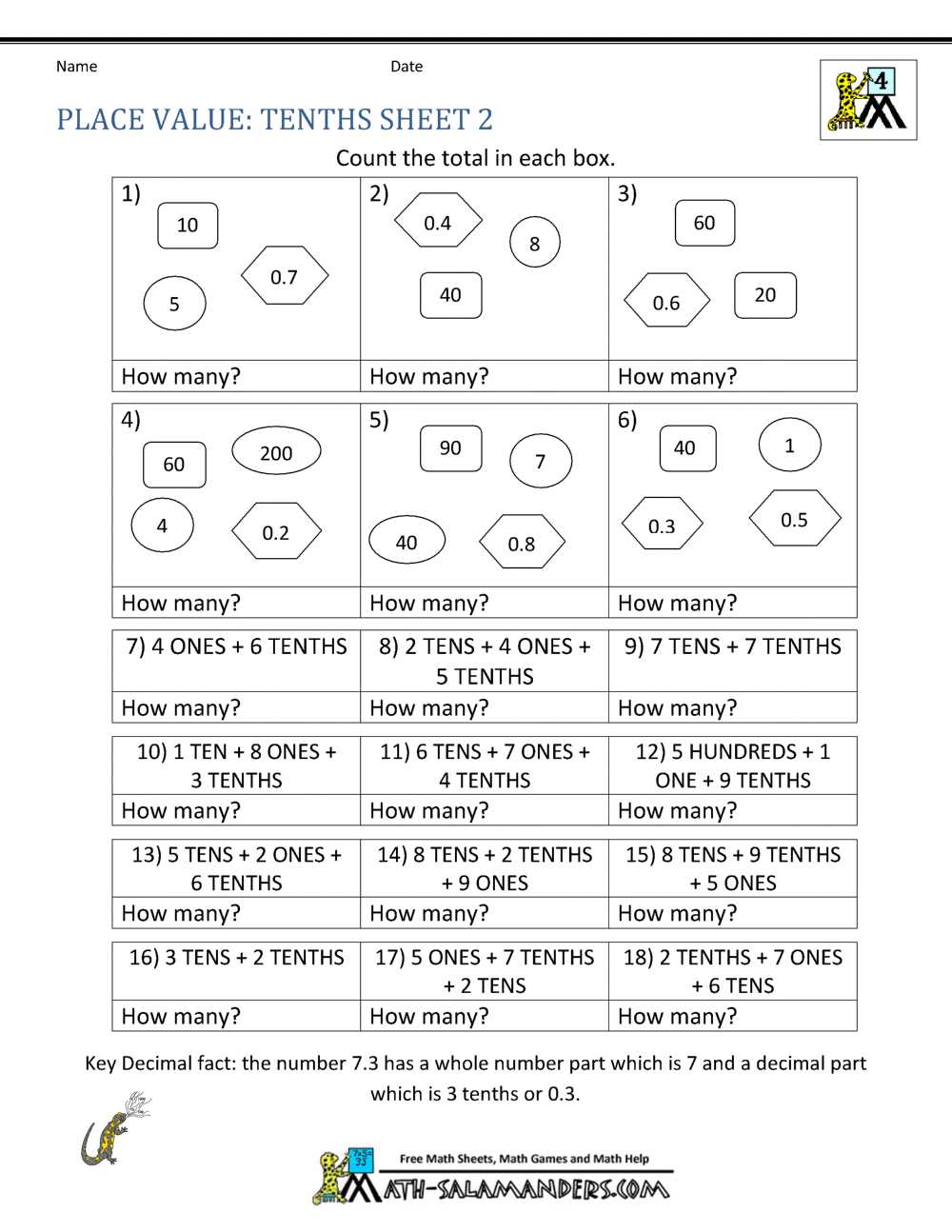 place value with decimals worksheets