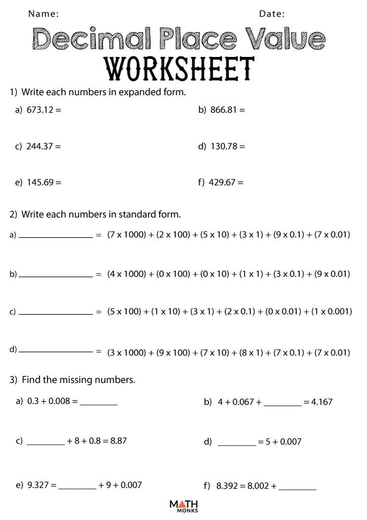 place value worksheets with decimals