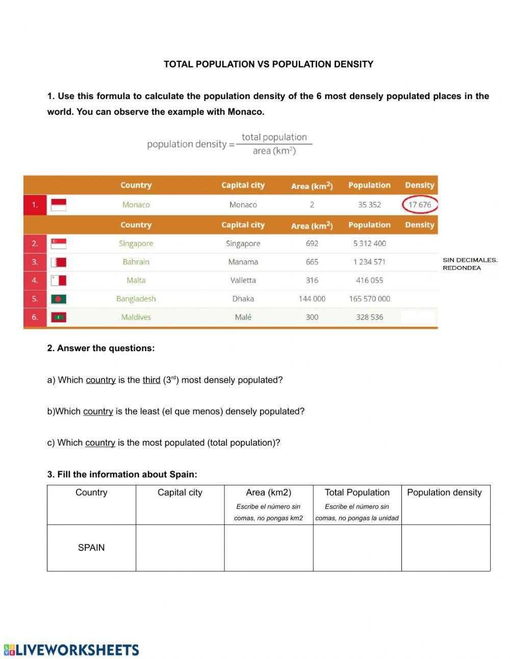 population density worksheet