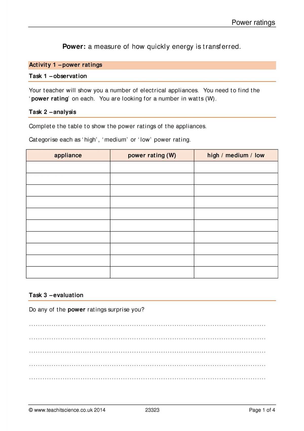 power worksheet