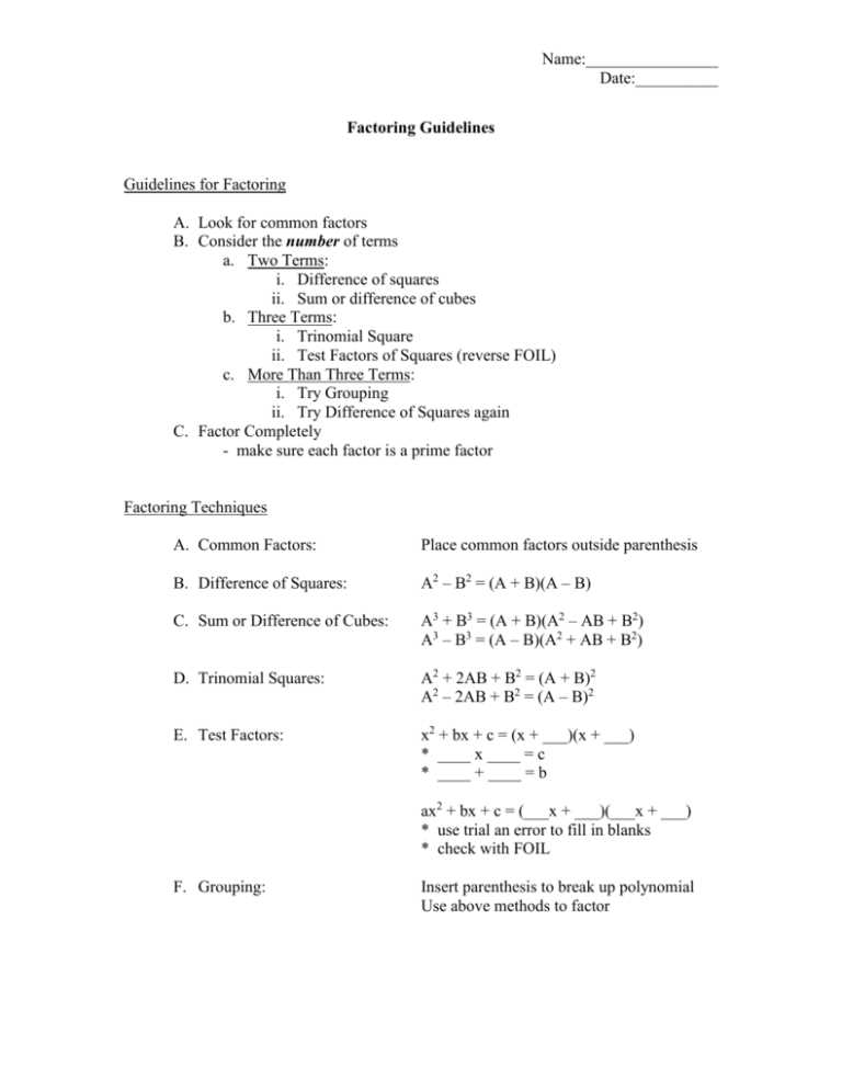 practice factoring worksheet