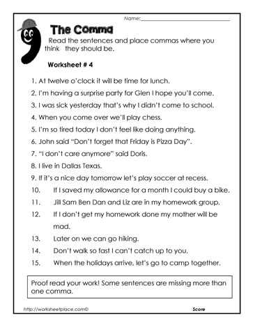 practice with commas worksheet