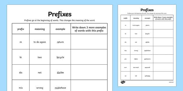 prefix worksheets