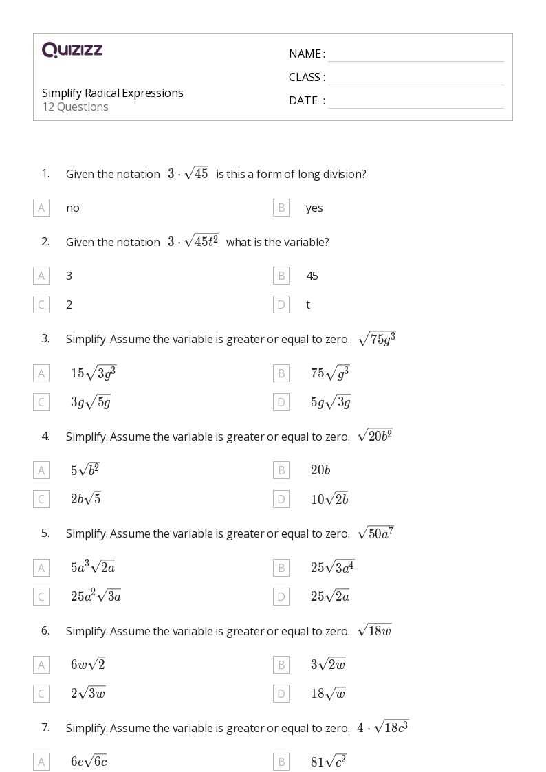 radical expressions worksheet
