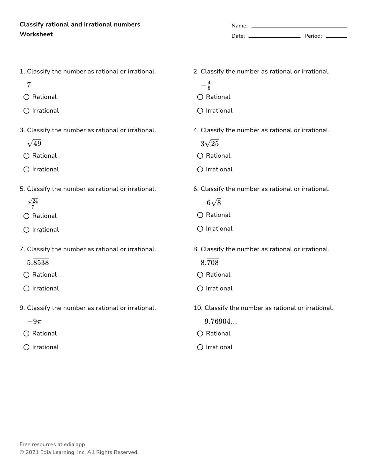 rational number worksheet