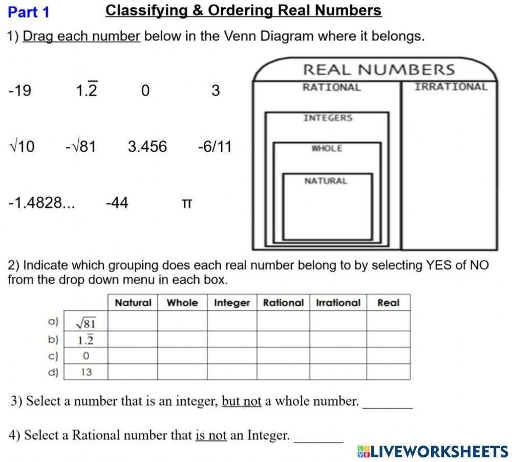 real number classification worksheet