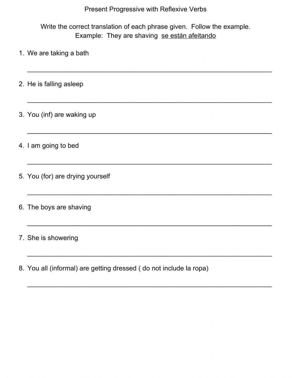 reflexive verbs spanish practice worksheet