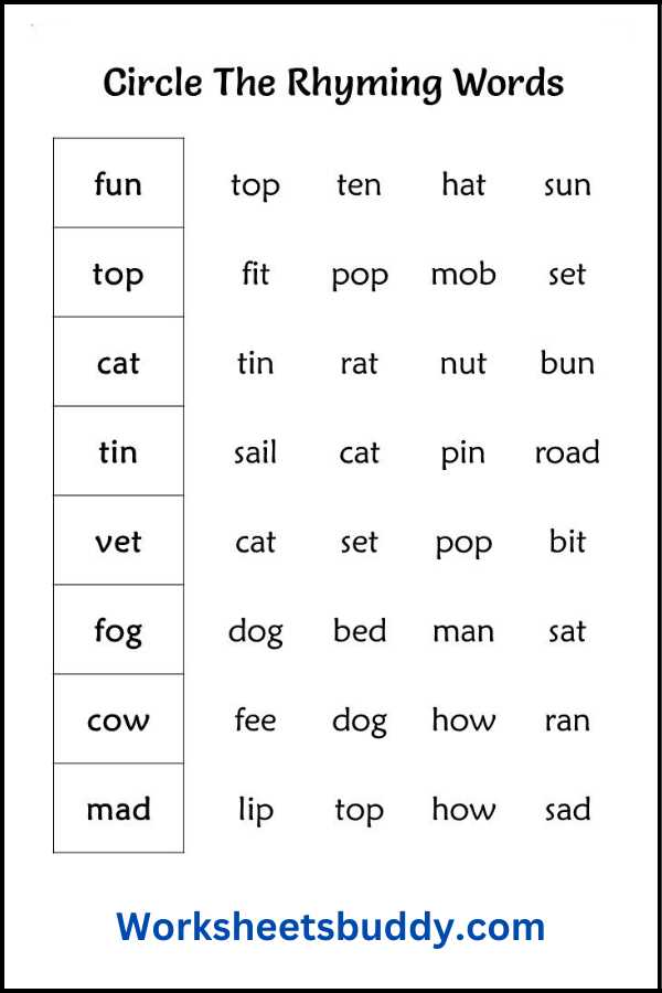rhyming words for kindergarten worksheets