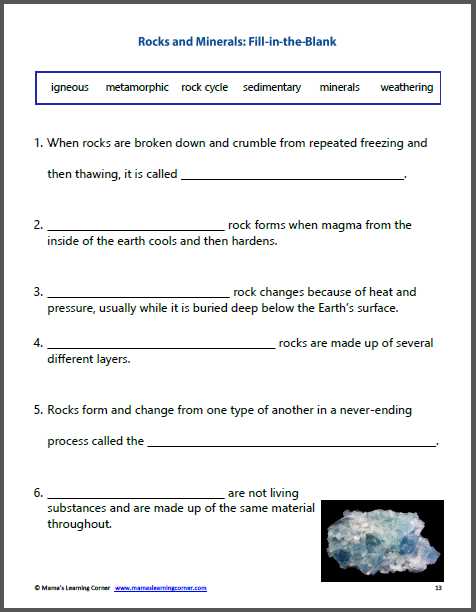 rocks and minerals worksheet