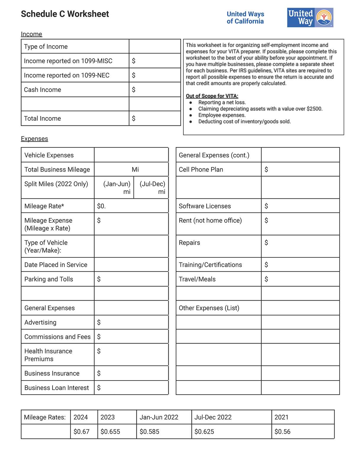 schedule c worksheet