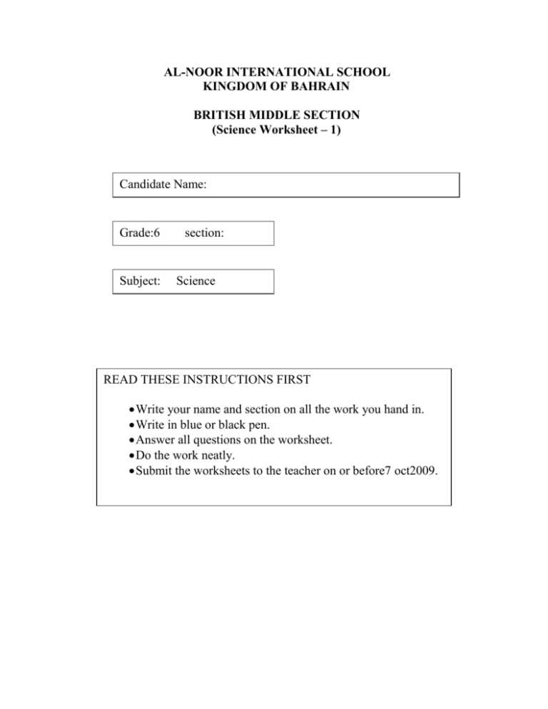 science worksheets for grade 6