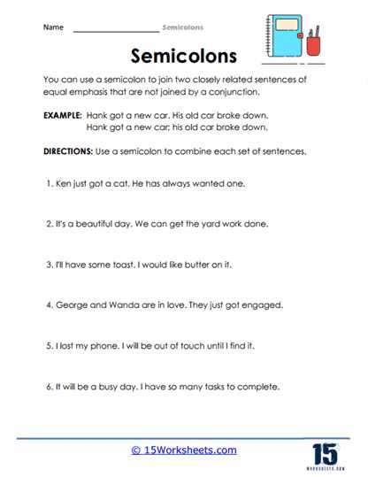 semi colons worksheet