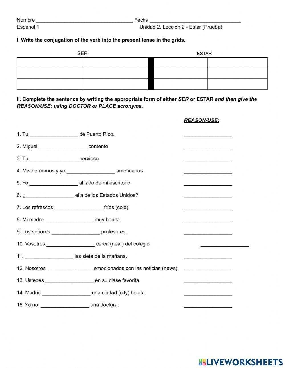 ser estar practice worksheet