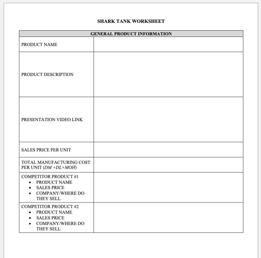 shark tank worksheet