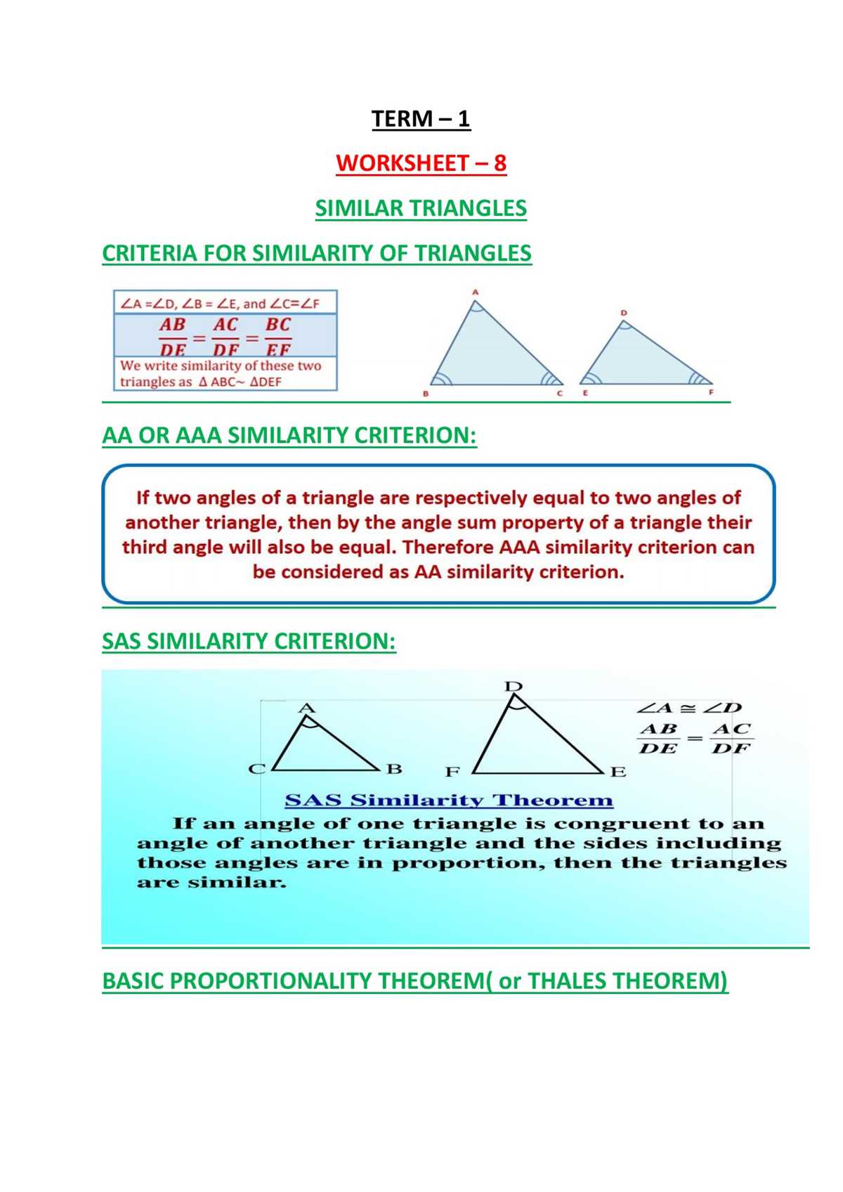 similarity of triangles worksheet
