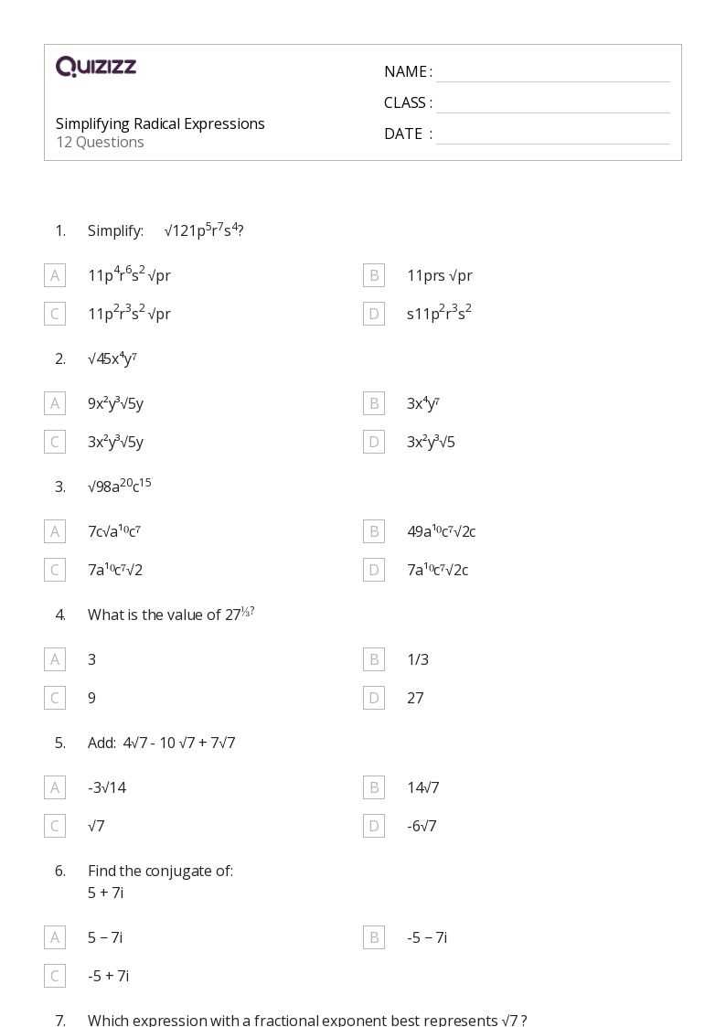 simplifying radical expressions worksheet