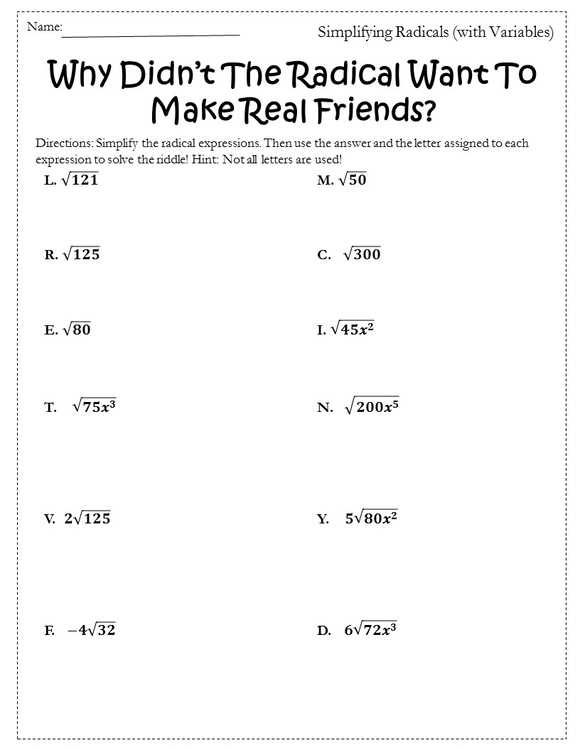 simplifying radicals with variables worksheet