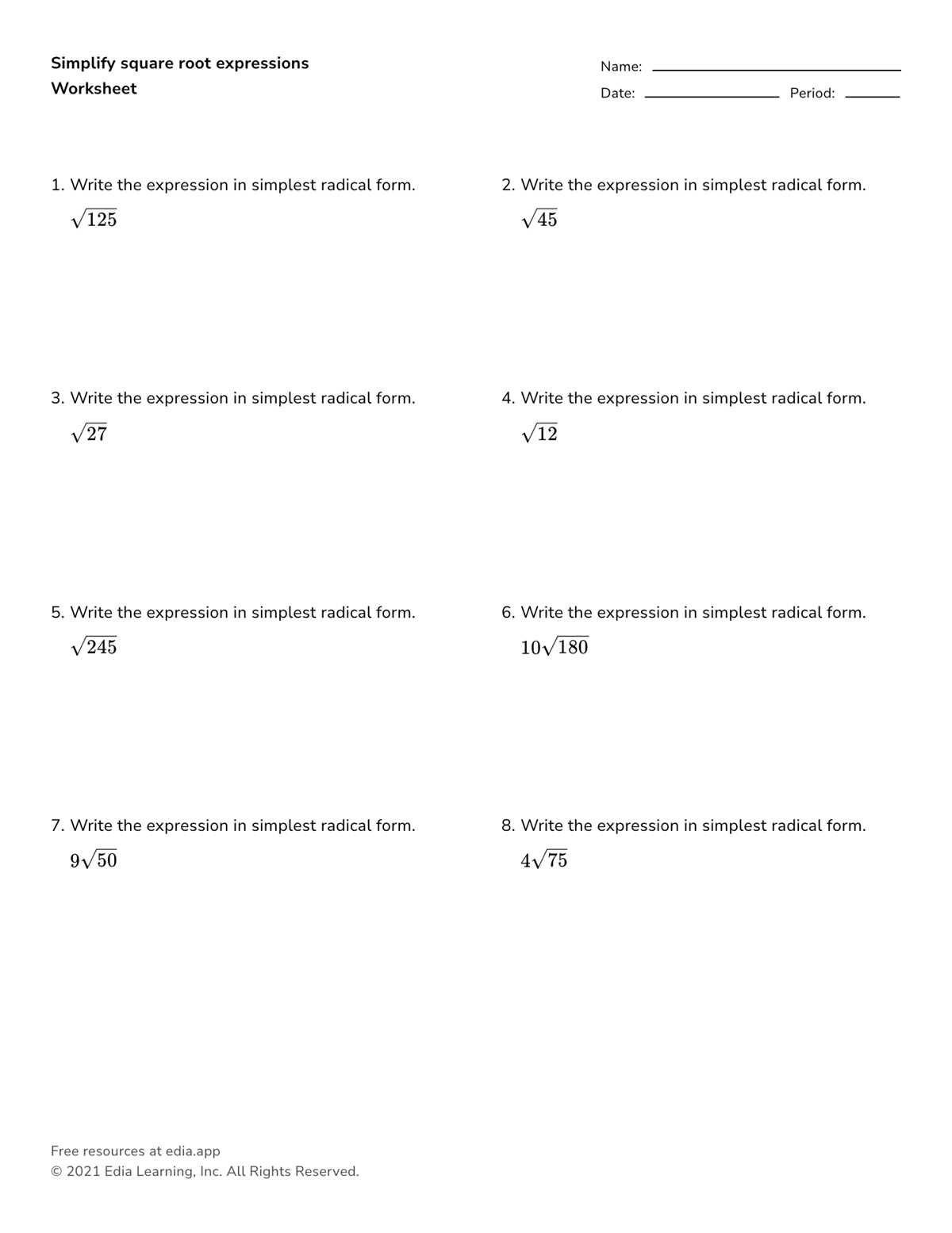 simplifying radicals worksheet with variables