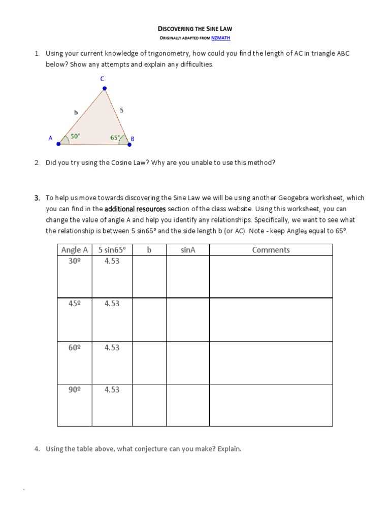 sine law worksheet