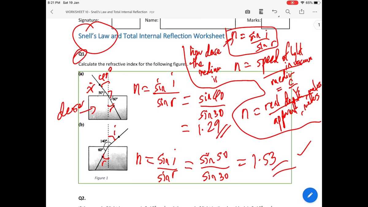 snells law worksheet
