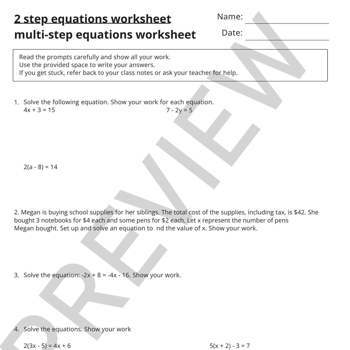 solving equations two step worksheet