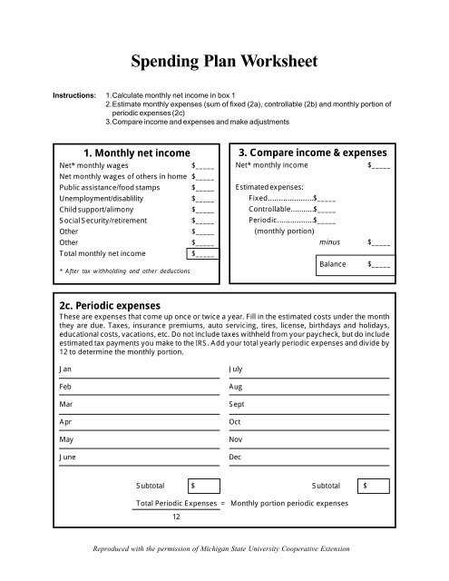 spending plan worksheet