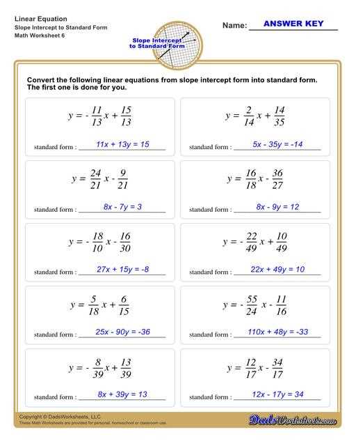 standard form of a linear equation worksheet