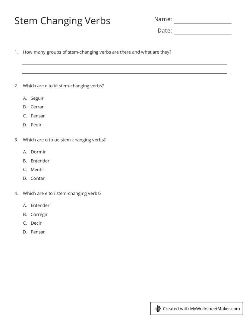 stem changing verbs worksheet