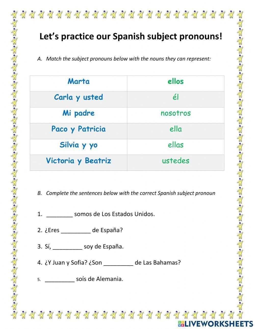 subject pronouns spanish worksheet