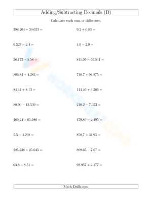 subtract decimals worksheet