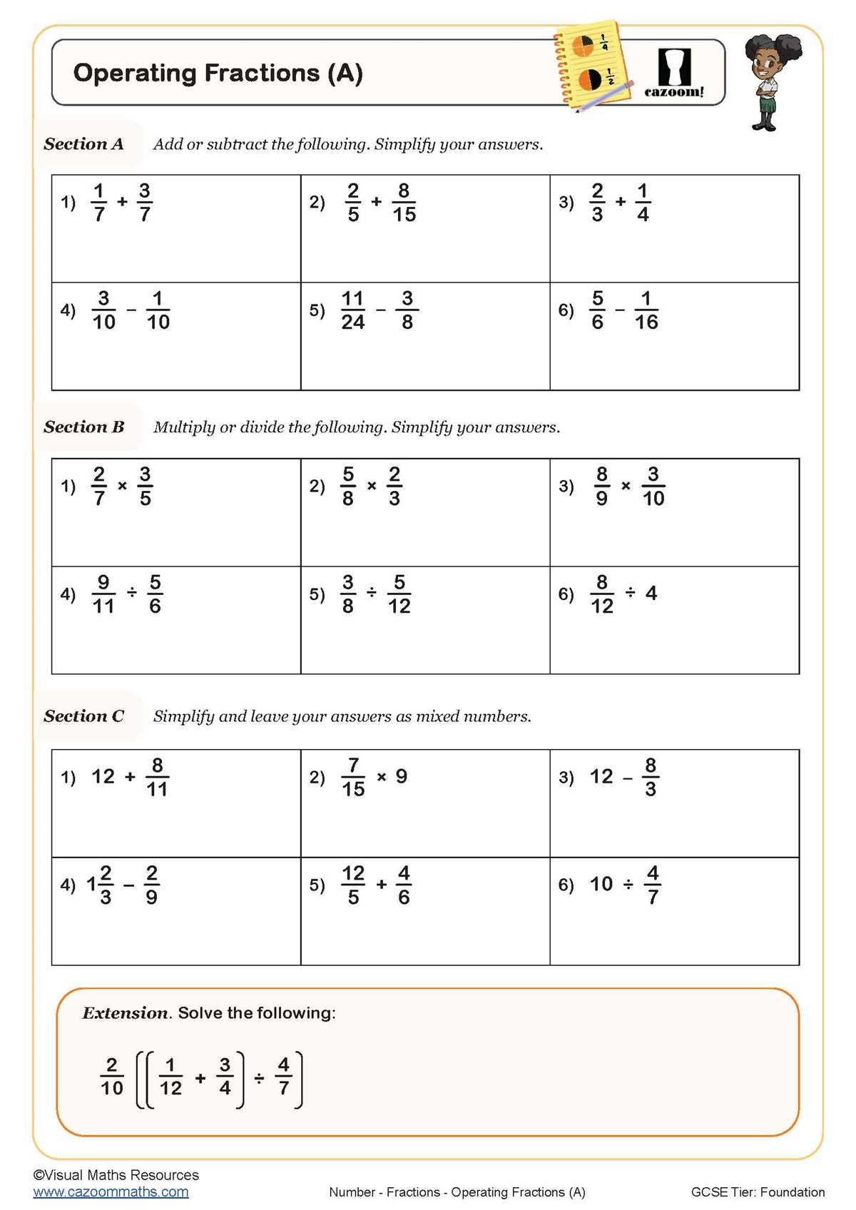 subtract mixed fractions worksheet