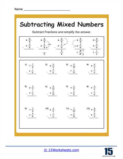 subtracting fractions from whole numbers worksheet