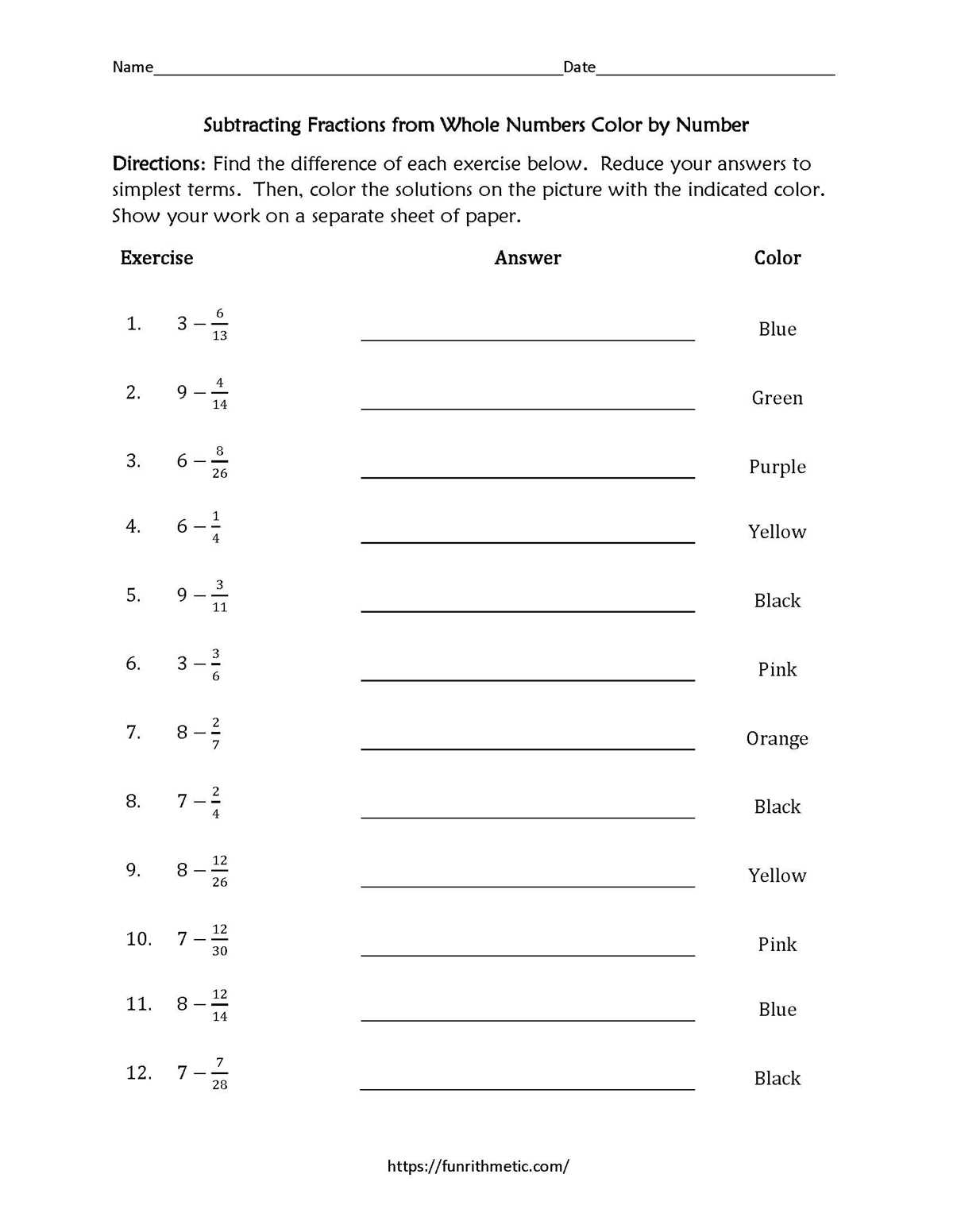 subtracting fractions from whole numbers worksheet