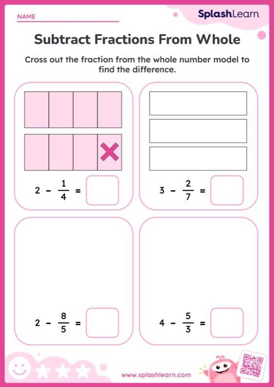 subtracting fractions from whole numbers worksheet