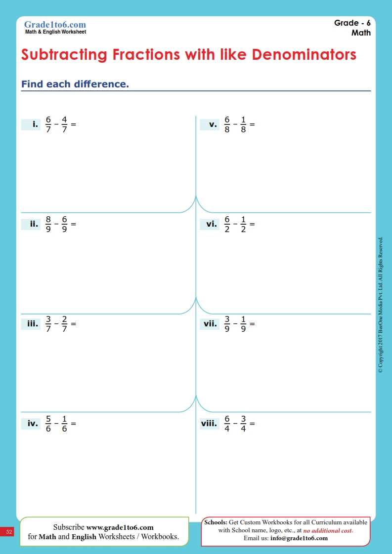 subtracting fractions with common denominators worksheets