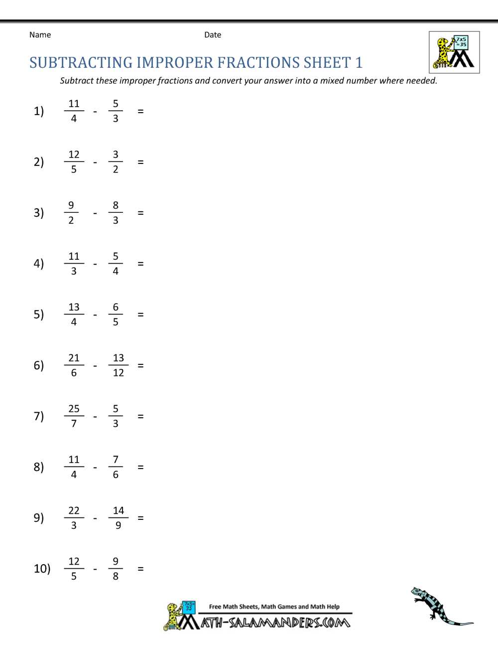subtracting fractions with common denominators worksheets