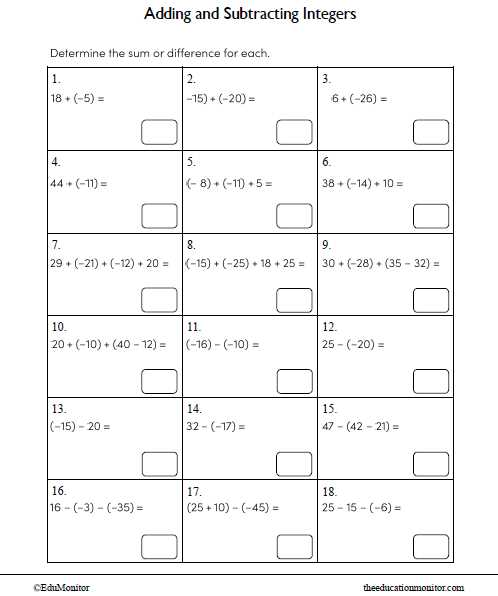 subtracting integers worksheet