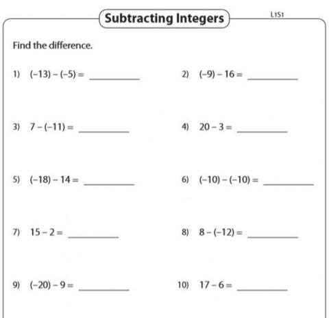 subtraction integers worksheet