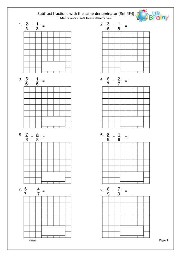 subtraction of fractions with like denominators worksheets