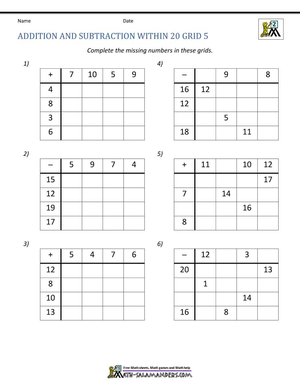 subtraction up to 20 worksheets
