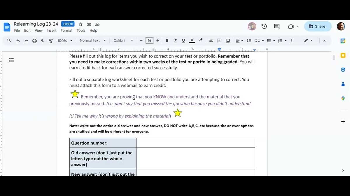 test corrections worksheet