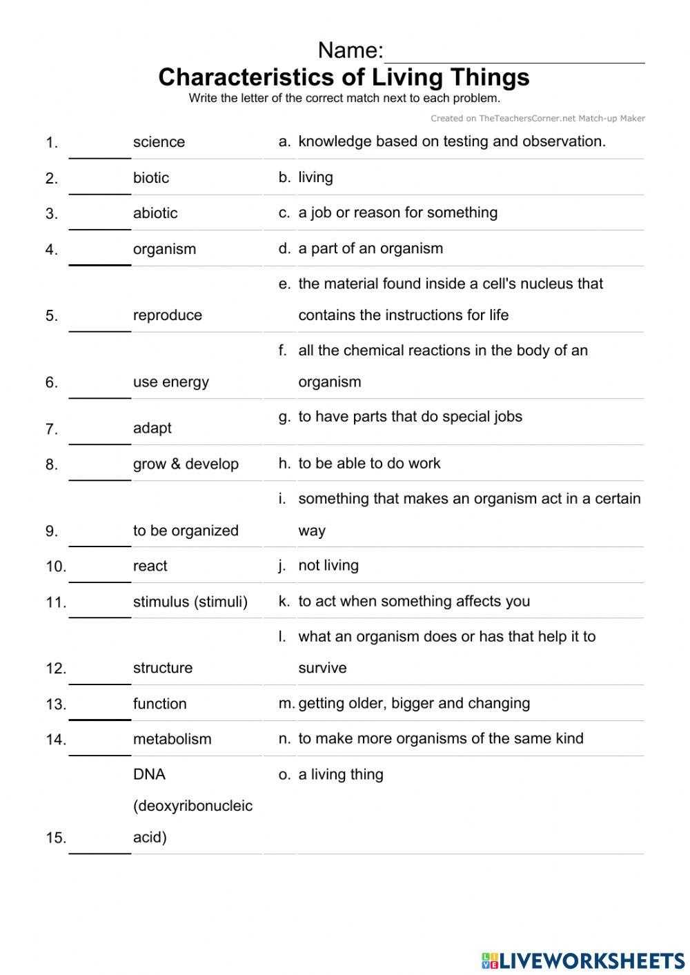 traits of living things worksheet