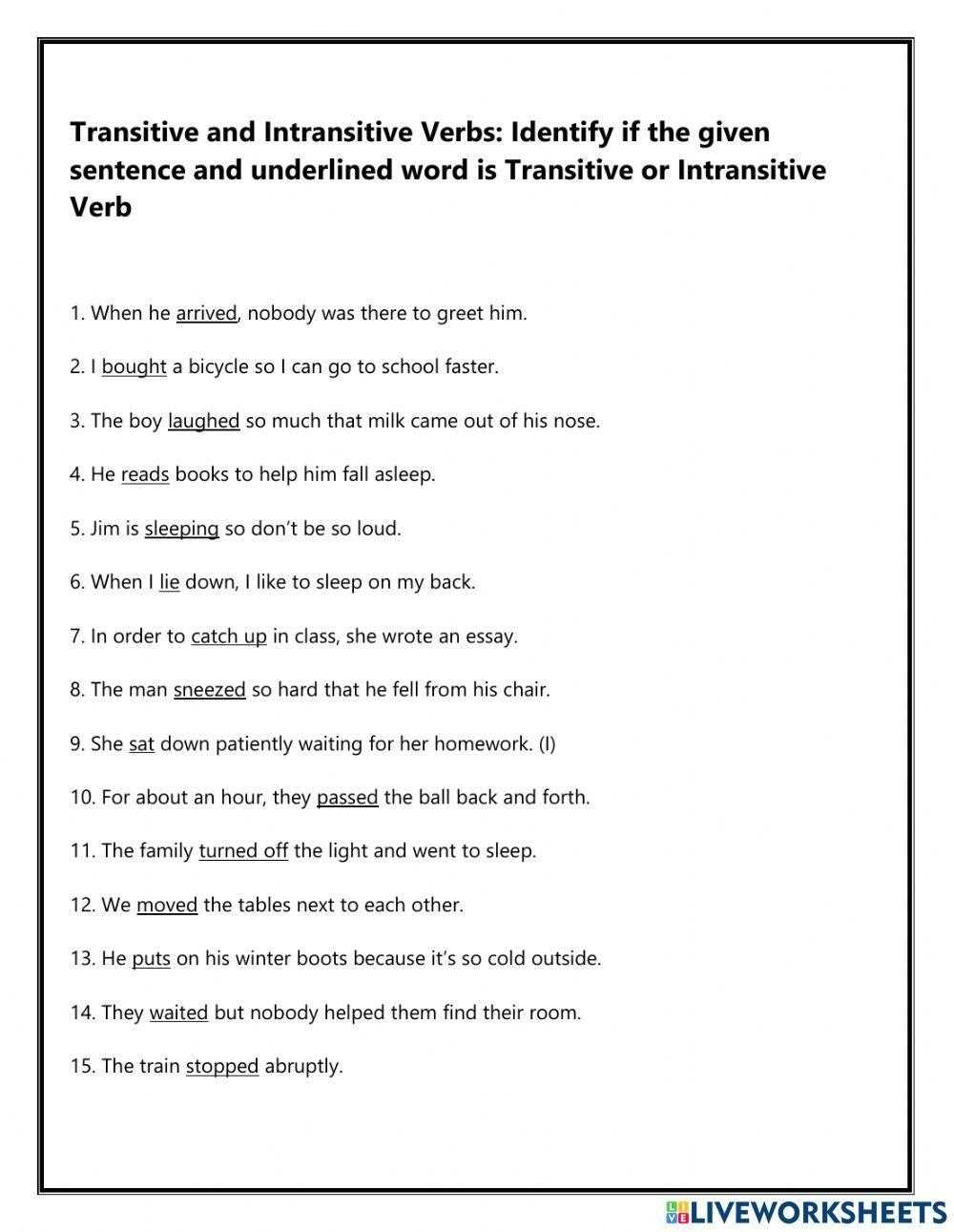 transitive intransitive worksheet