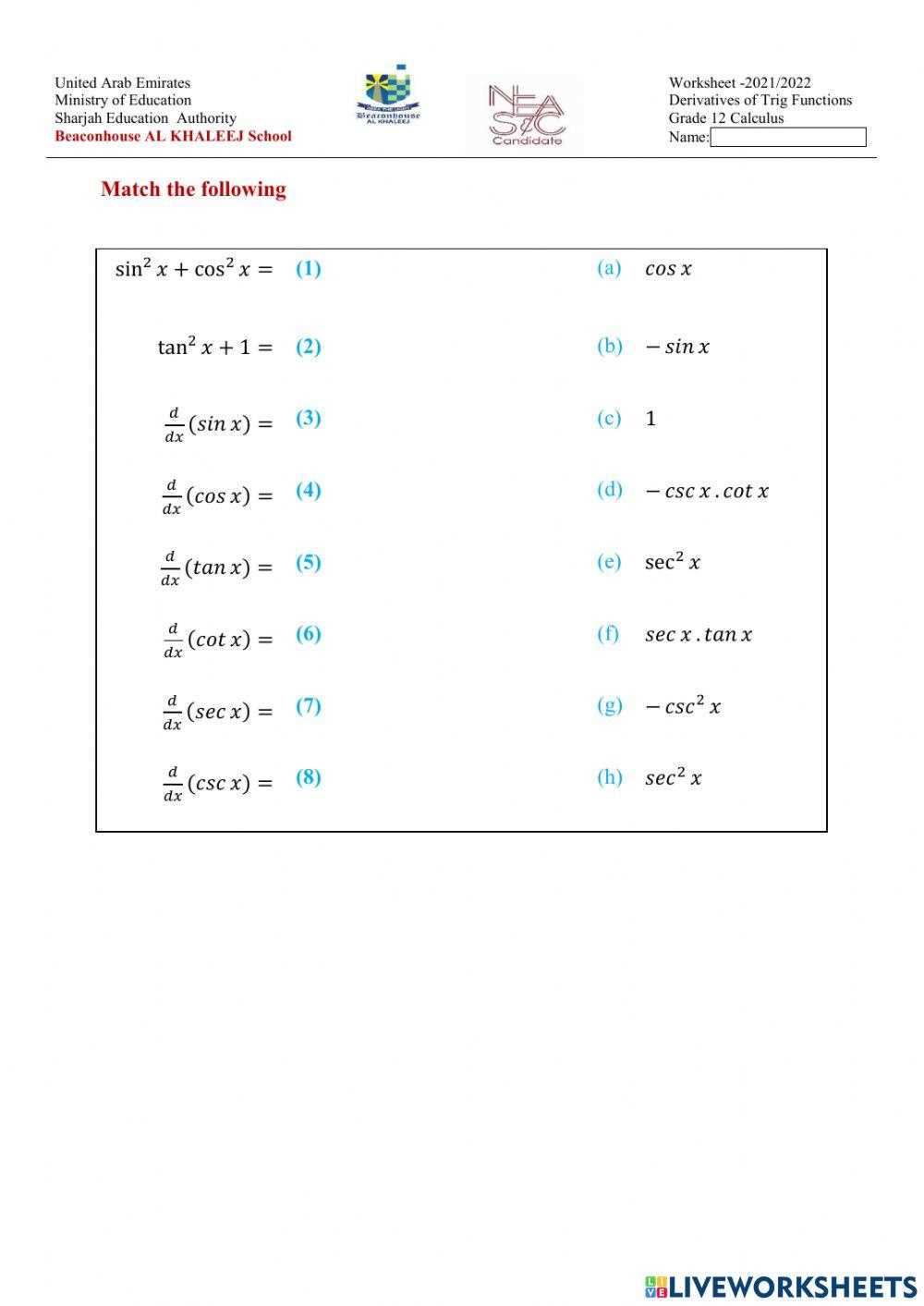 trig derivatives worksheet