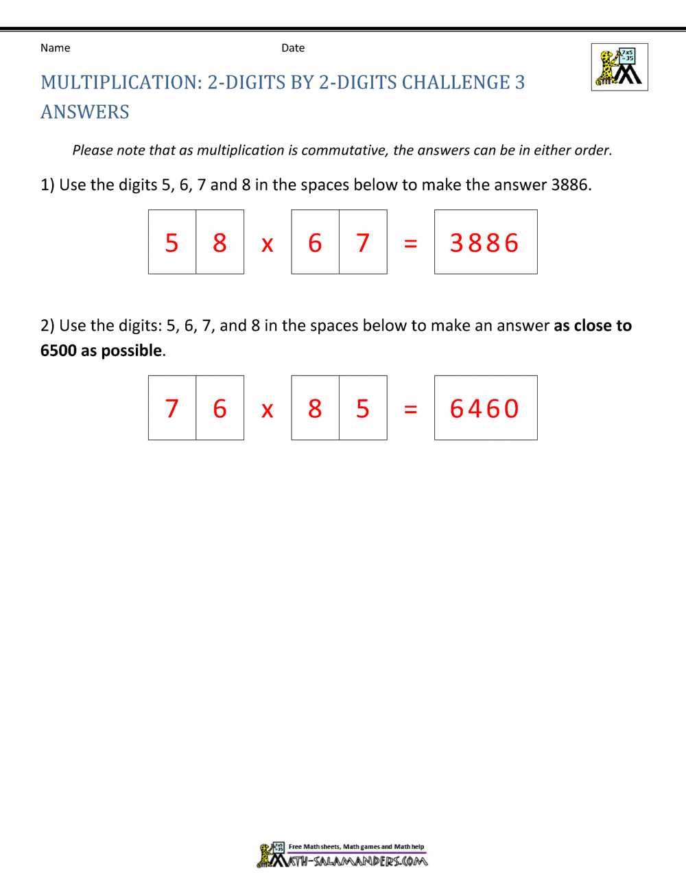 two digit multiplication worksheet